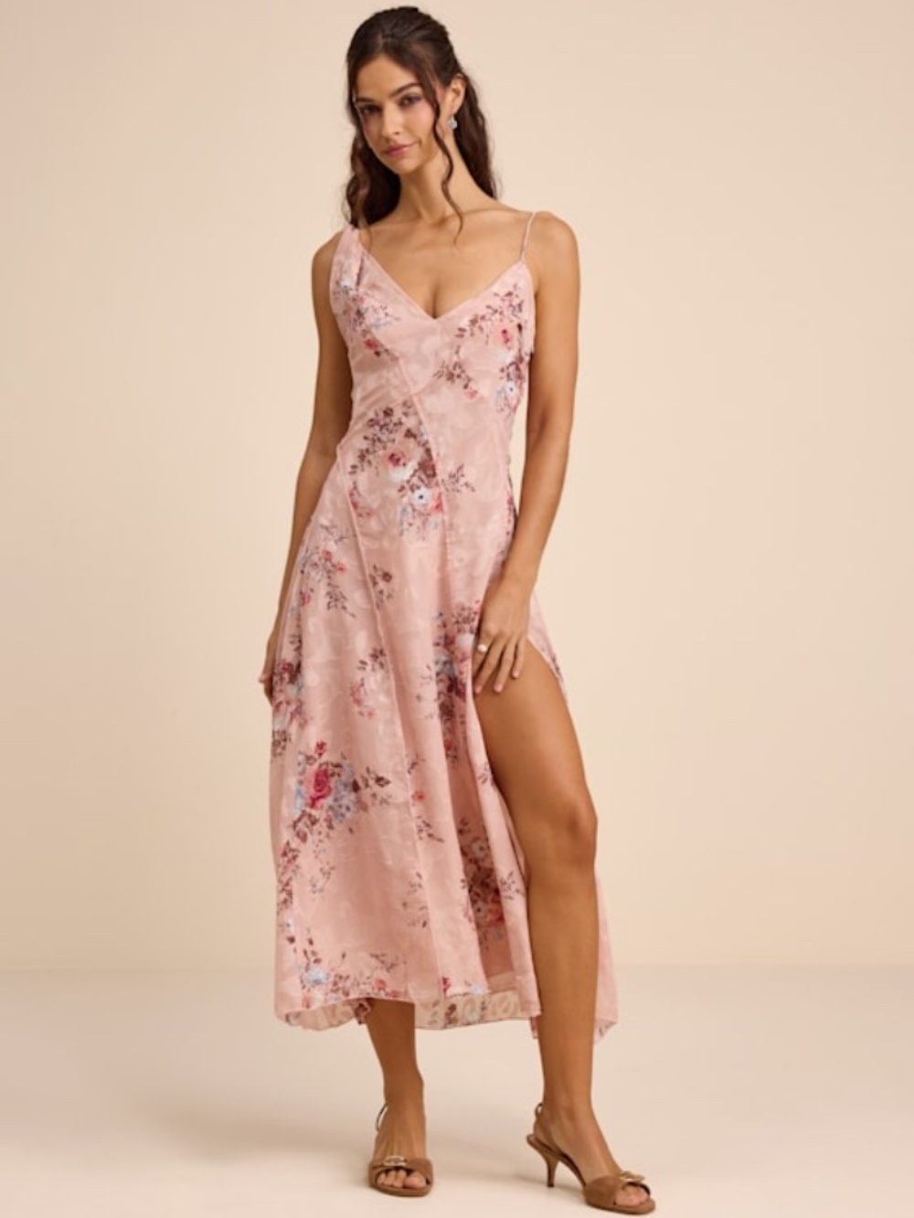 Lulus Eirwen Blush Floral Burnout Asymmetrical Midi Dress Pink - Size XL